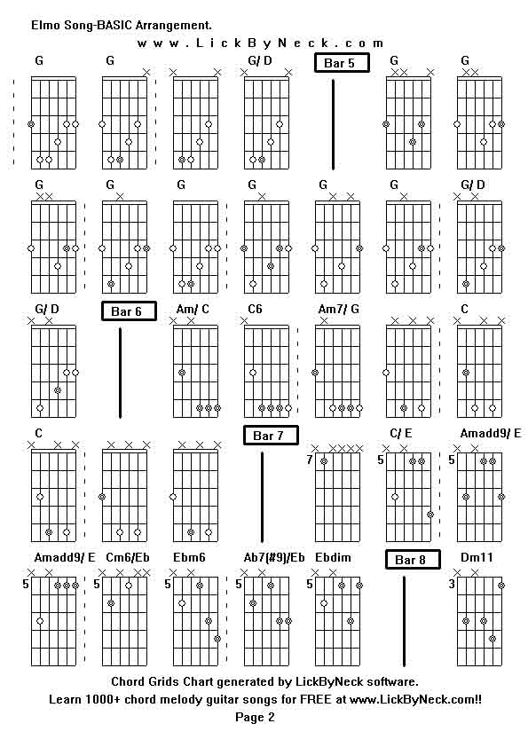 Chord Grids Chart of chord melody fingerstyle guitar song-Elmo Song-BASIC Arrangement,generated by LickByNeck software.